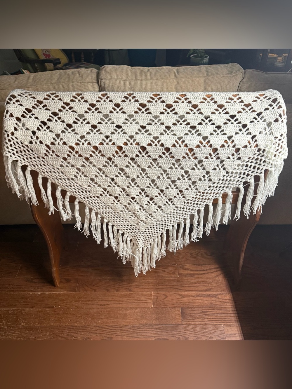Vintage 70s Handmade Crocheted Cape Shawl Womens  Ivory Fringe Boho